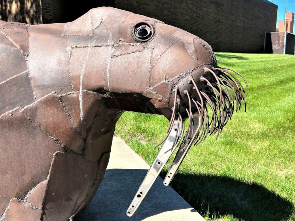 Dale Lewis sculpture named “I am the Walrus” after the Beatles song. The sculpture tour is one of the best things to do in Mason City, Iowa.