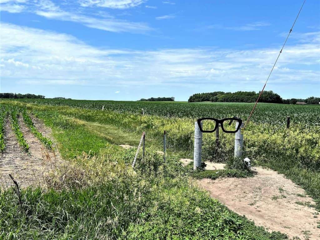 The countryside to visit the Buddy Holly crash site in an Iowa corn field, the entrance marked by a gigantic pair of Holly-style glasses. 