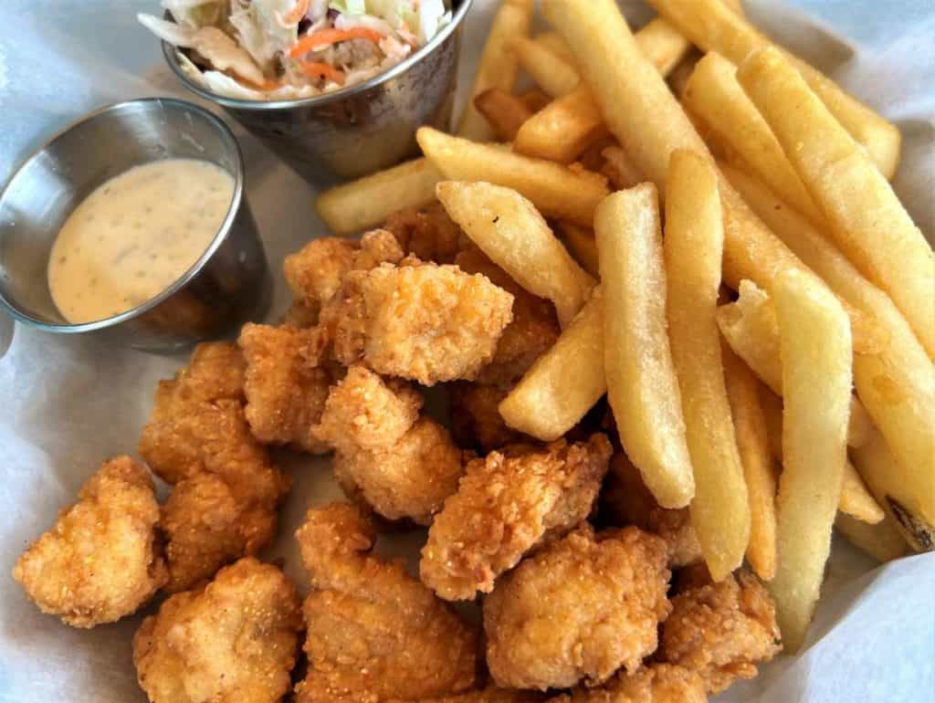 Grouper Bites with Fries and Coleslaw at Swordfish Grill and Tiki Bar