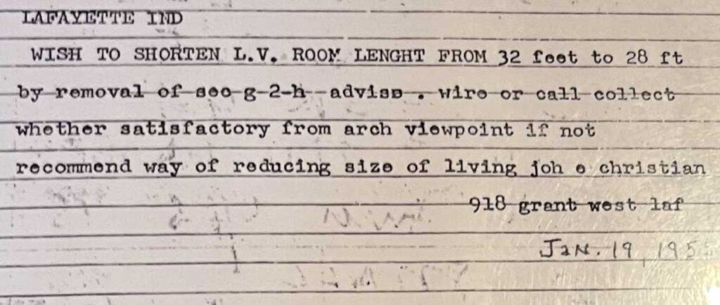 John Christian's telegram to Frank Lloyd Wright about the size of his living room