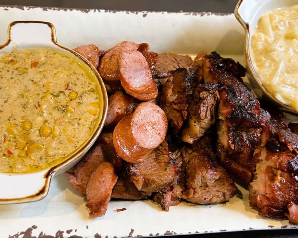 Combination Meat Platter with Smoked Sausage, Brisket, and Ribs