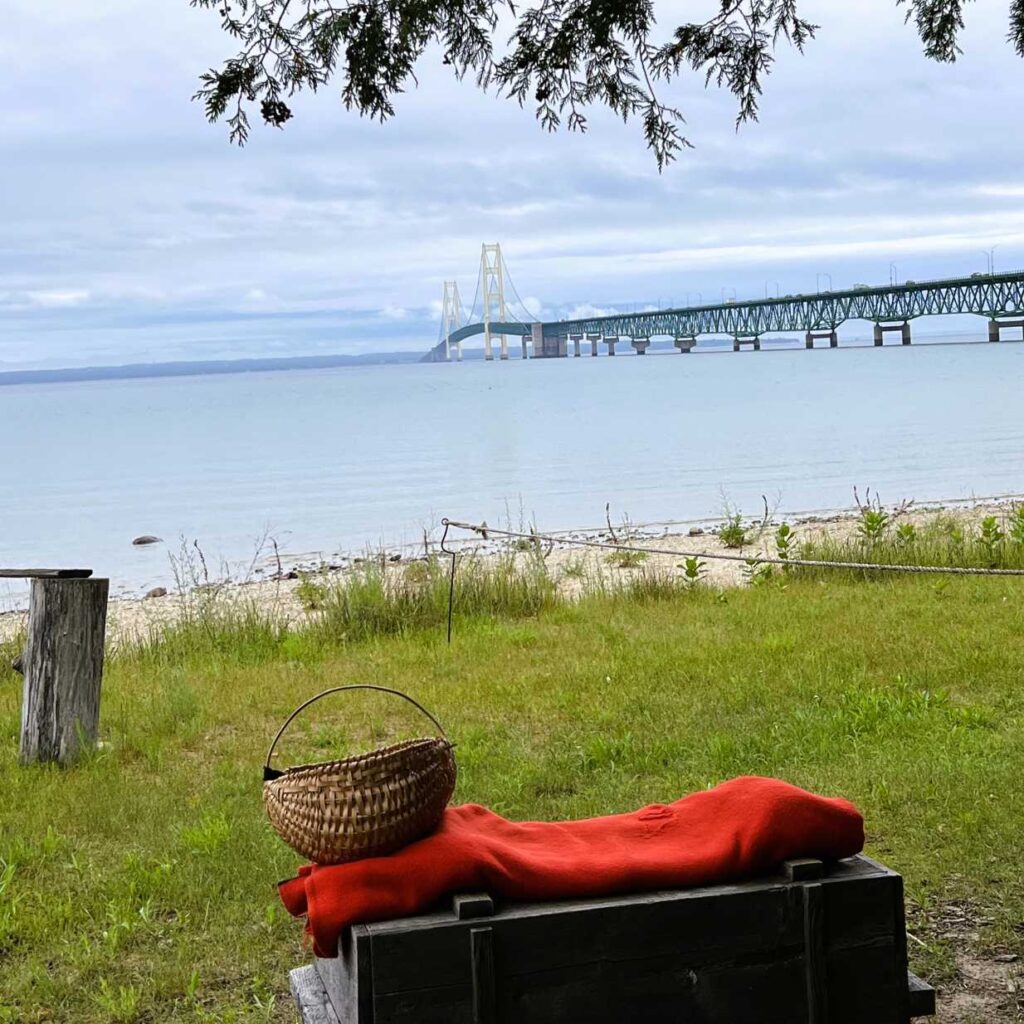 A View of Lake Michigan and the Mackinac Bridge from Colonial Michilimackinac, a Michigan Bucket List Item