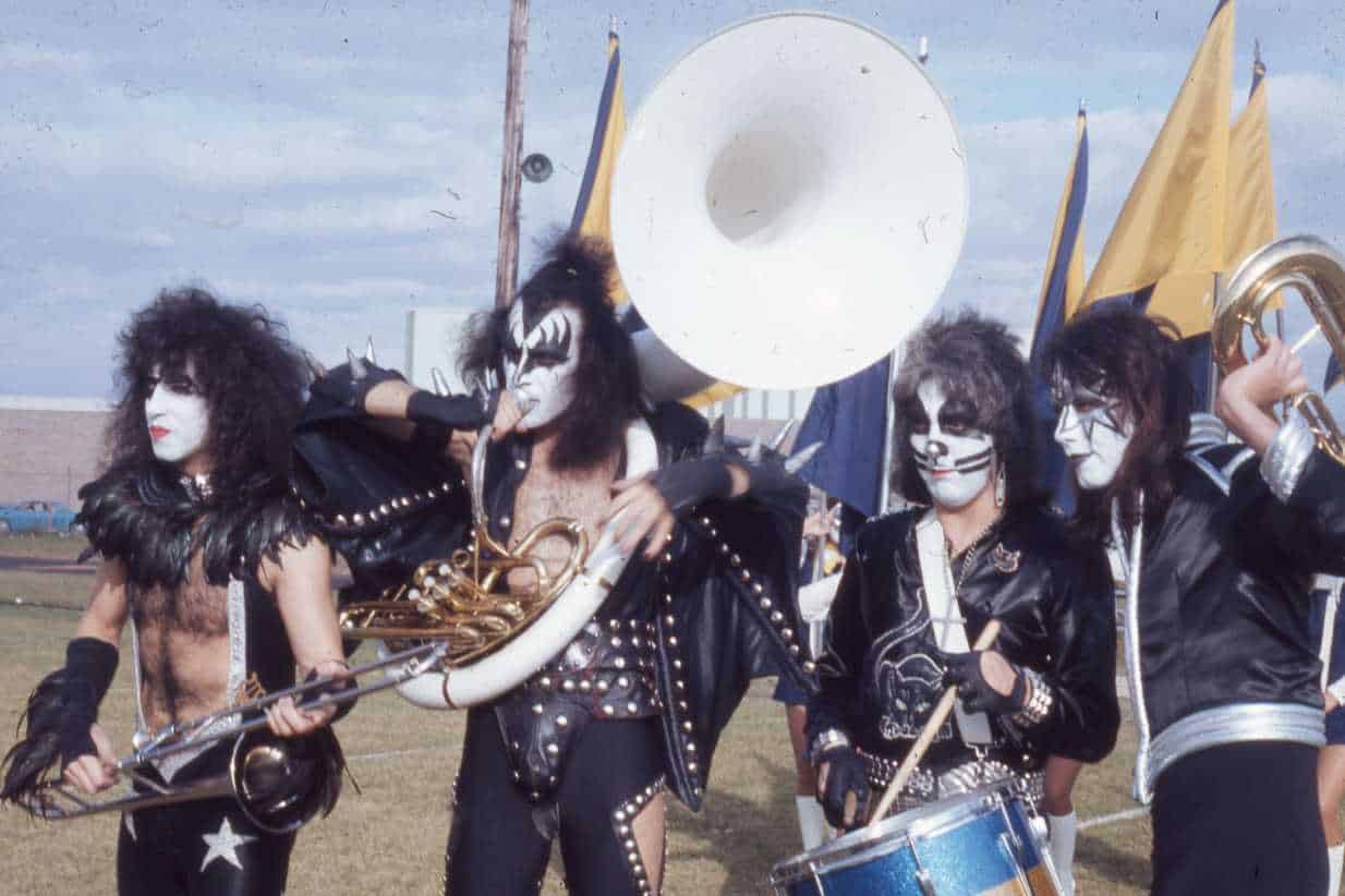KISS at Veterans Memorial Stadium mixing in with the Cadillac Marching Vikings and making rock history.