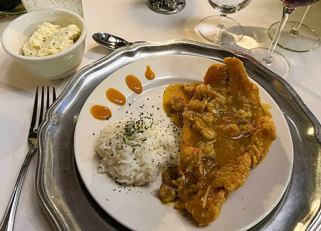 Fried Catfish with Rice and Crawfish Etouffee