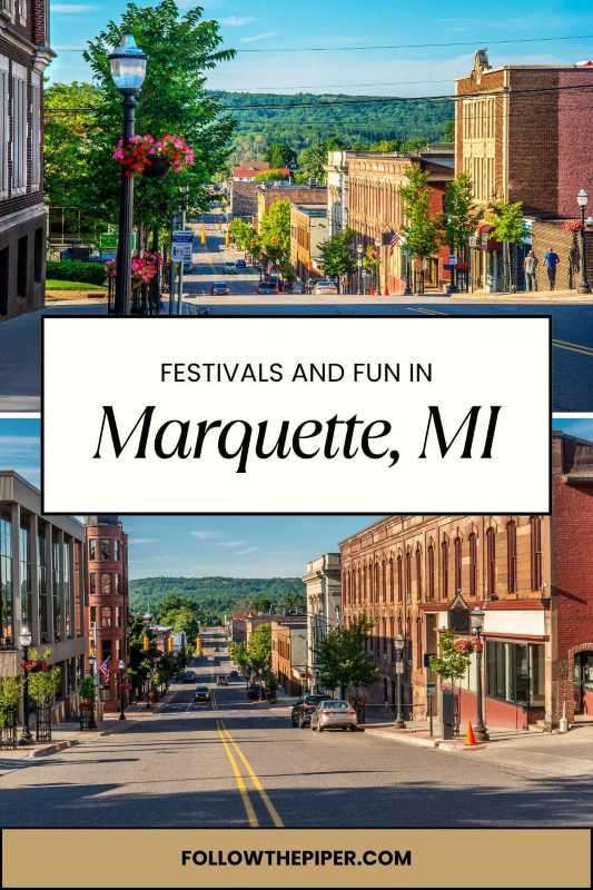 Pinterest graphic showing Marquette Michigan's Main Street.