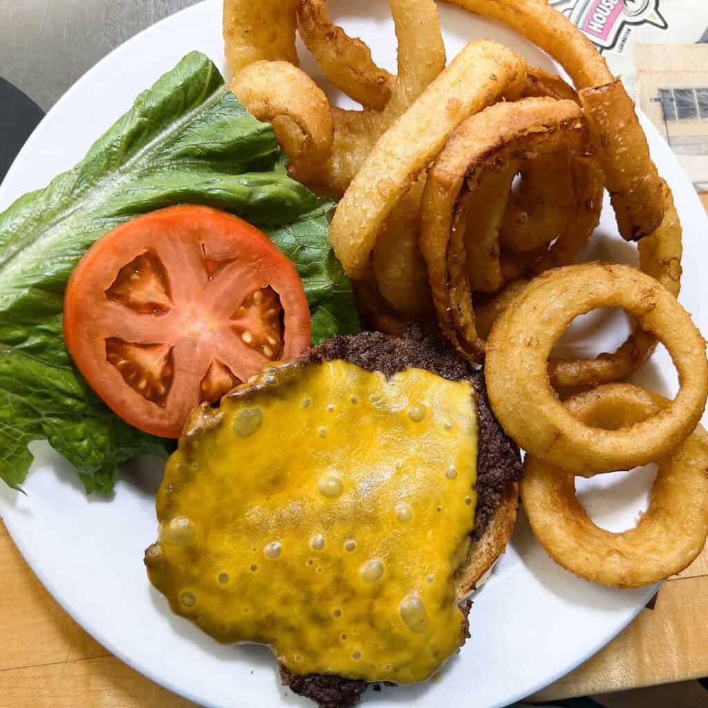 Cheese Burger and Onion Rings at House of Flavors