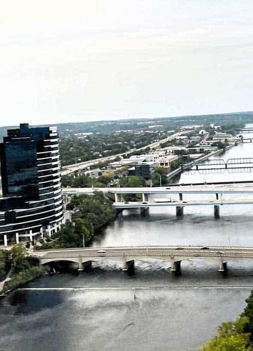 A view of the Grand River from the Amway Grand Hotel in Downtown Grand Rapids, in West Michigan Travel Guide.