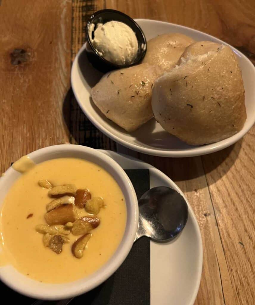 Ale Cheese Soup with Pretzel Croutons at Salt & Pepper Savory Grill and Pub in Holland, Michigan